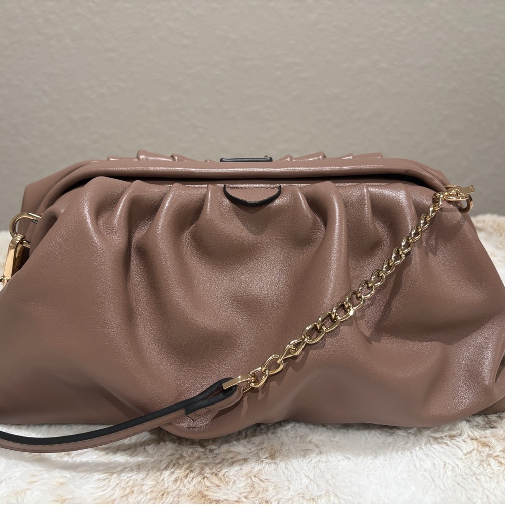 A New Day Tan and Gold Clutch with Ruched Design